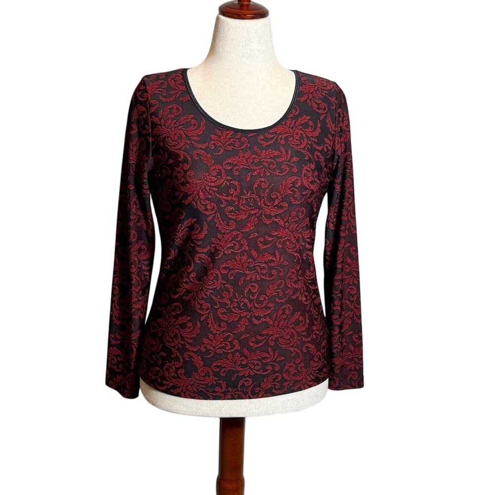 Karen Kane top black and red print long sleeve scoop neck popover stretch  Sz L